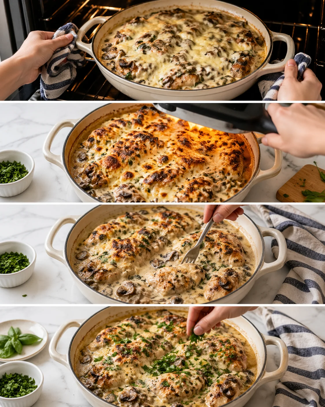Melted, bubbly mozzarella on chicken, garnished with chopped basil before serving.