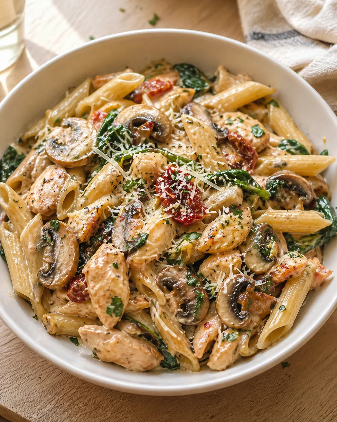 Single plated variation of Easy Creamy Tuscan Mushroom Pasta Skillet – One-Pan Comfort Food Bliss – easyrecipes shown in a natural kitchen scene