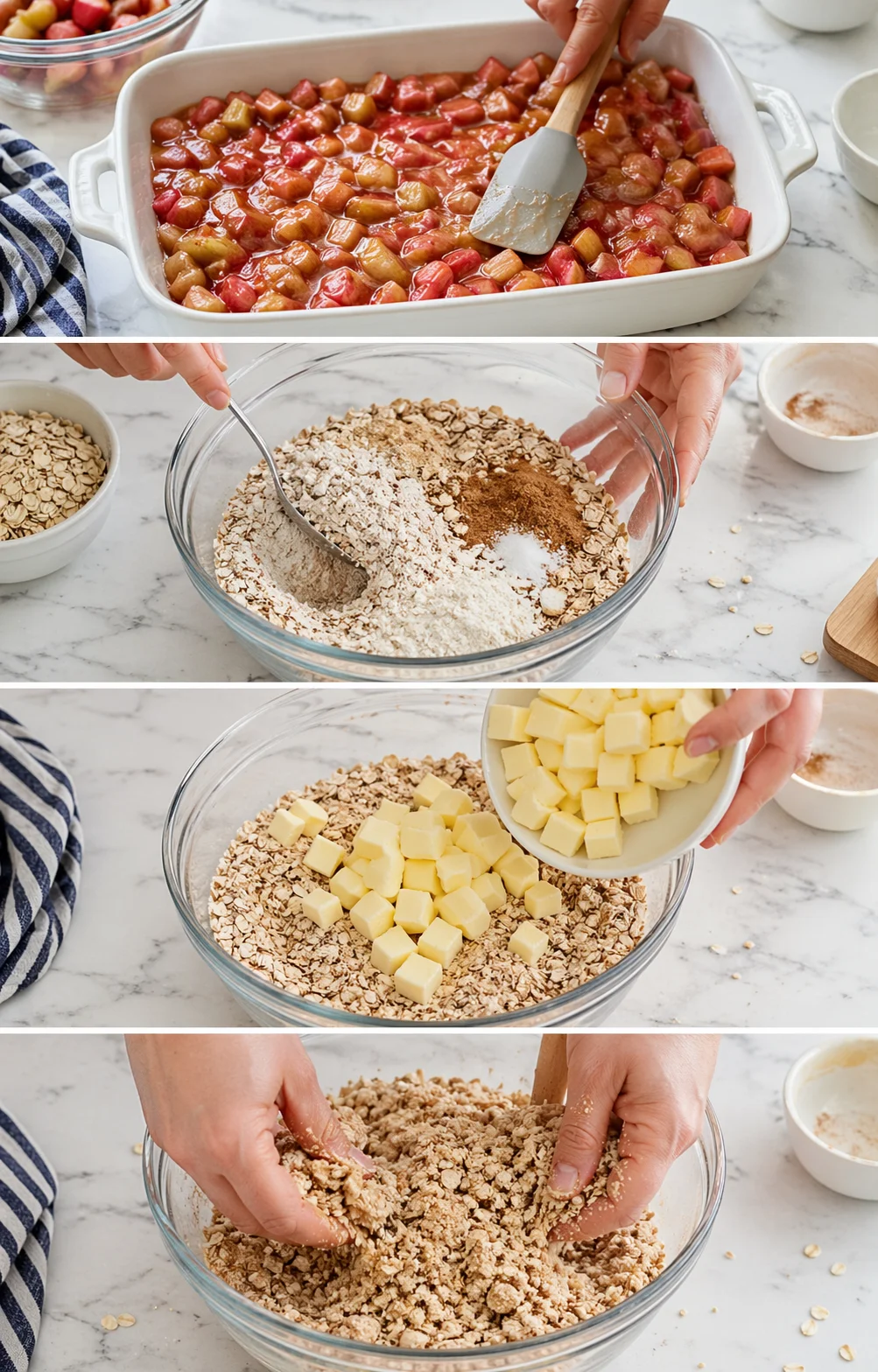 Hand using a pastry cutter to work cold butter into oats and flour until coarse crumbs form.