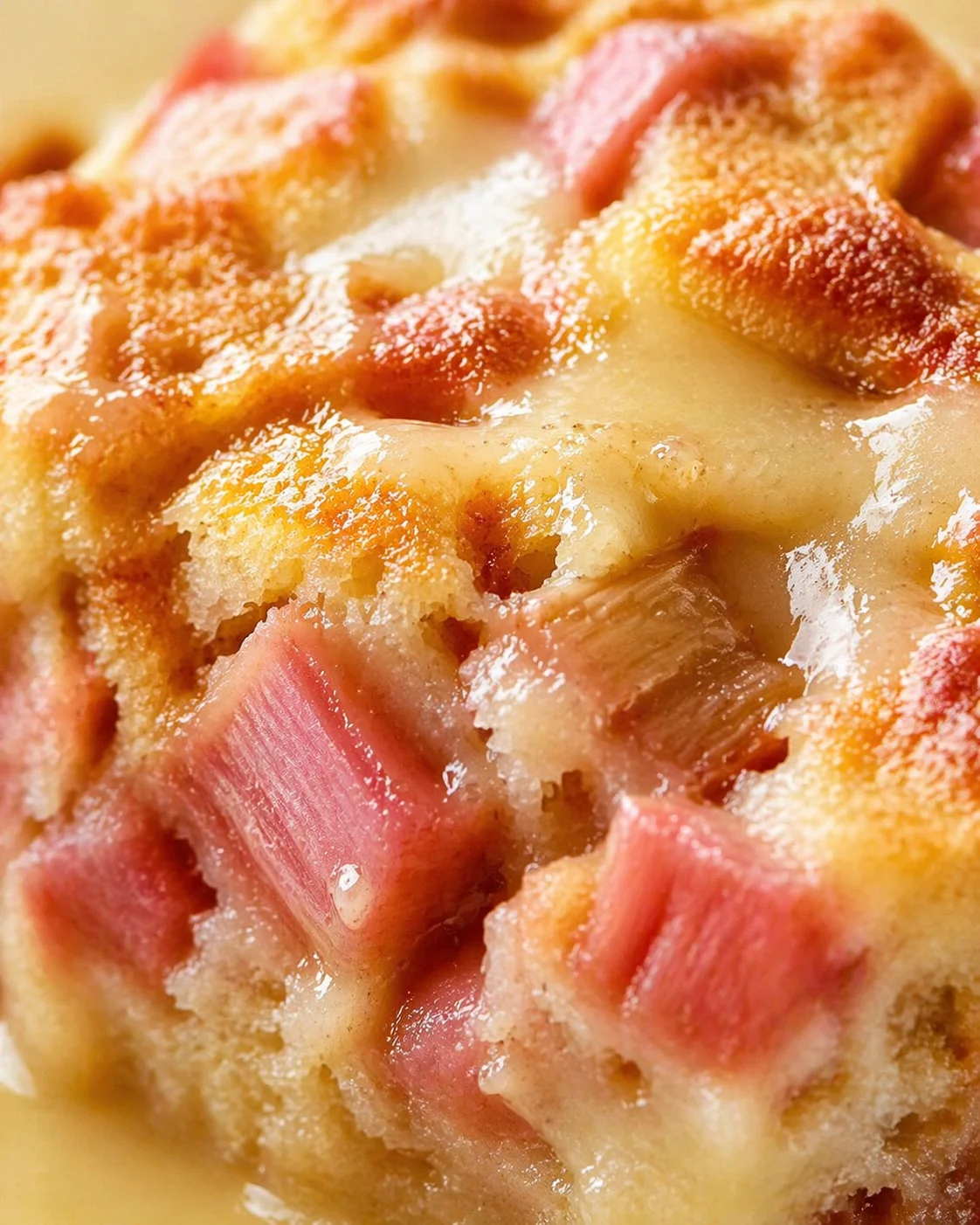Tight detail shot of Warm Rhubarb Cake with Butter Sauce highlighting texture