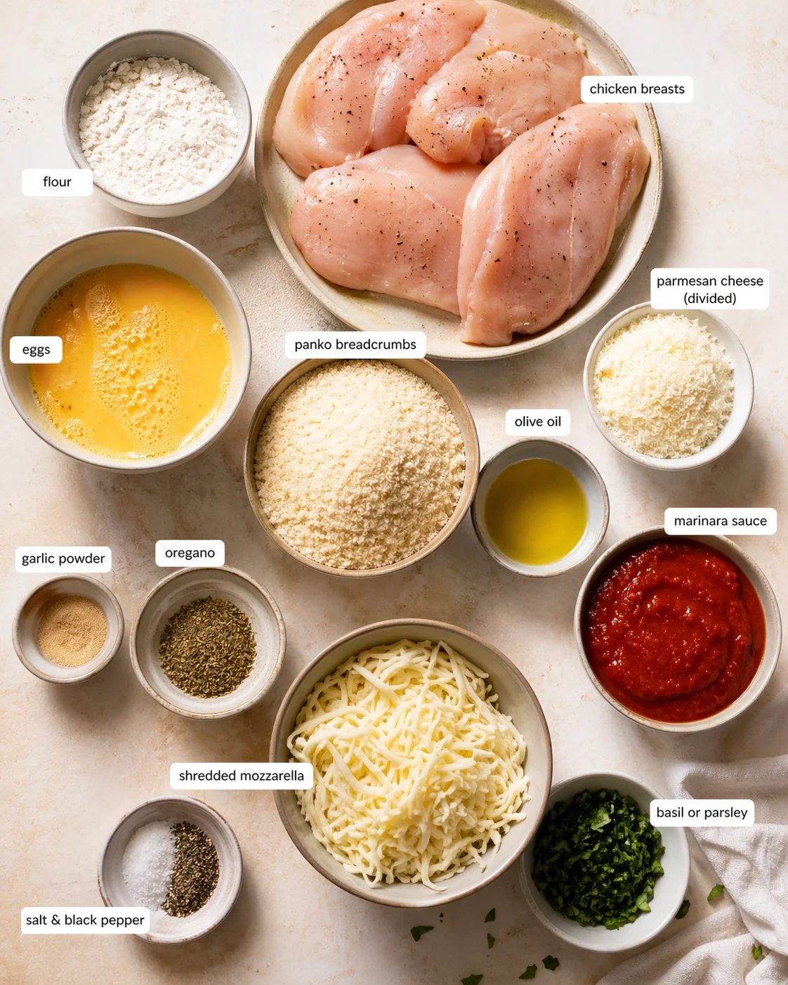 Measured ingredients arranged for Creamy Mushroom Chicken – One-Pan Dinner: 4 boneless, skinless chicken breasts (about 1 to 1½ pounds), pounded to about ½" thickness if they’re uneven, Salt and freshly ground black pepp