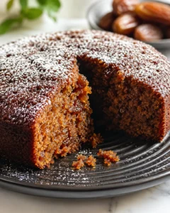 Close-up of caramel-date bundt cake dusted with powdered sugar on a dark ribbed plate