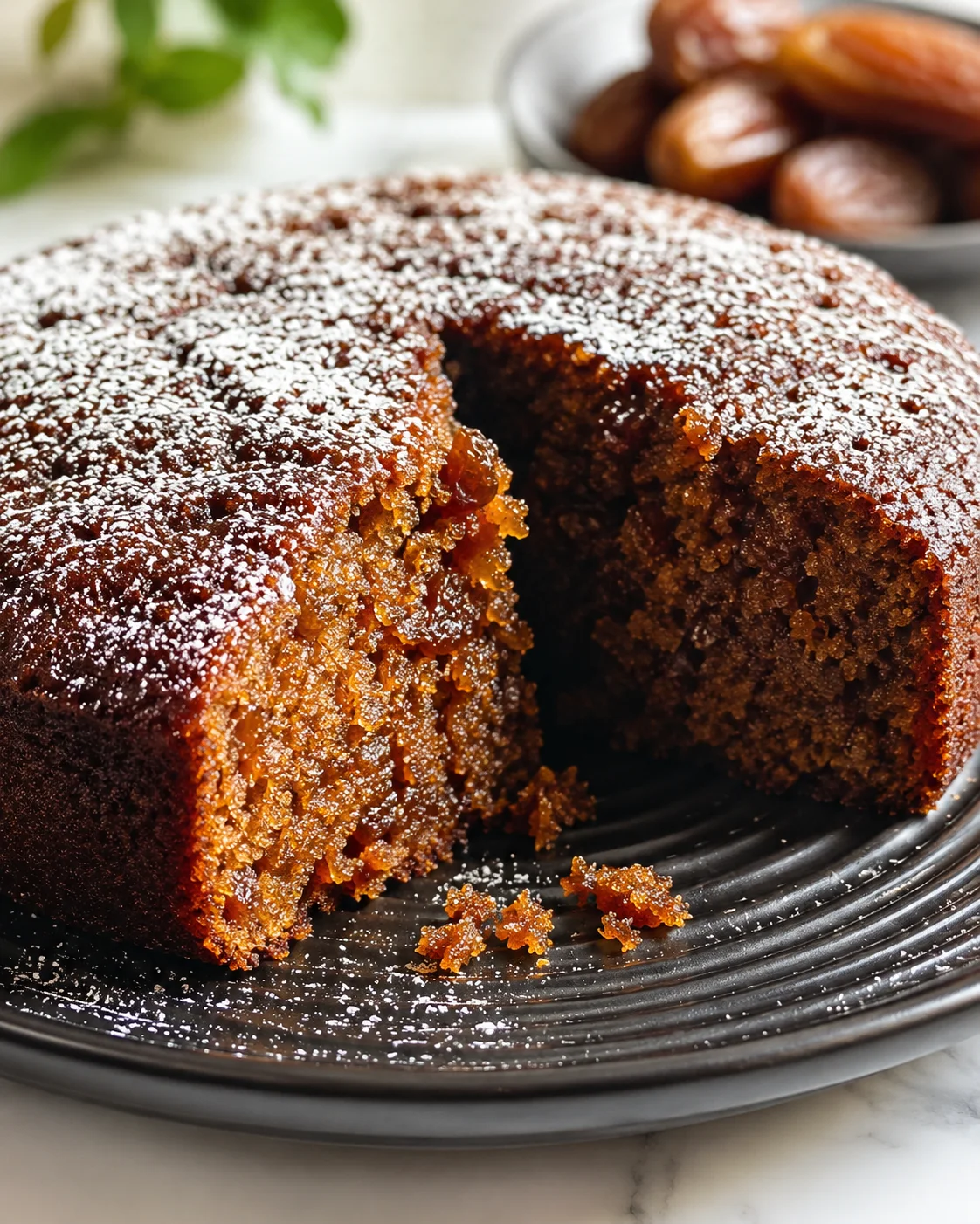 Close-up of caramel-date bundt cake dusted with powdered sugar on a dark ribbed plate
