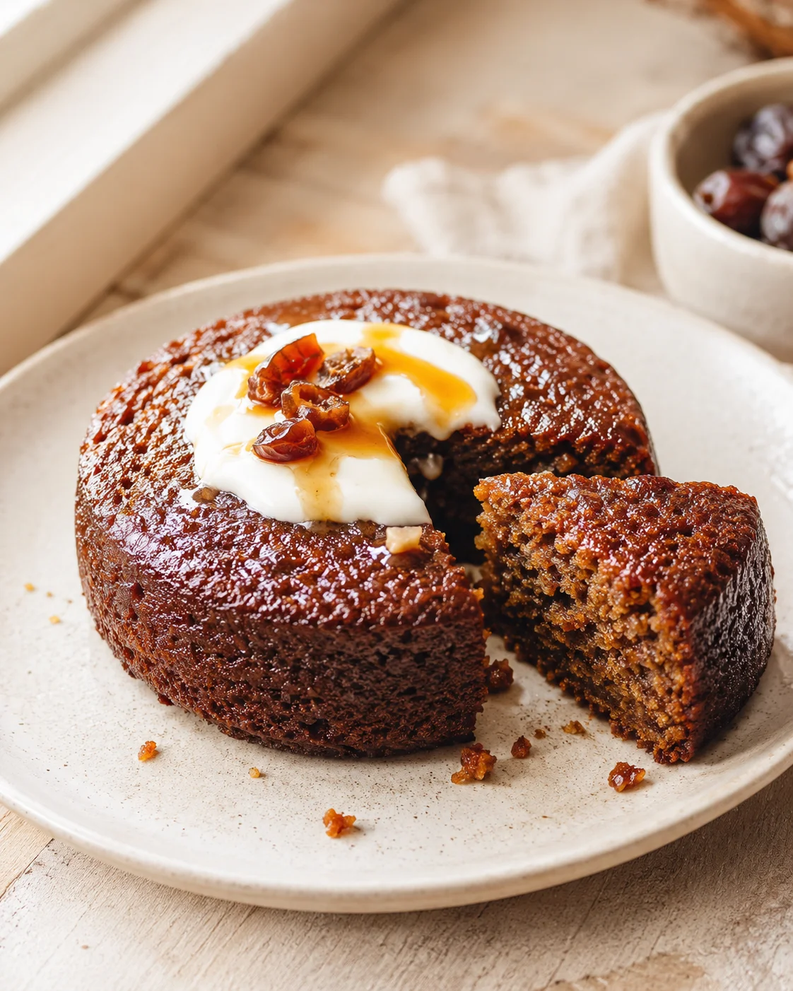moist caramel-date chocolate cake on a beige plate, topped with whipped cream, caramel drizzle, and chopped dates; slice removed