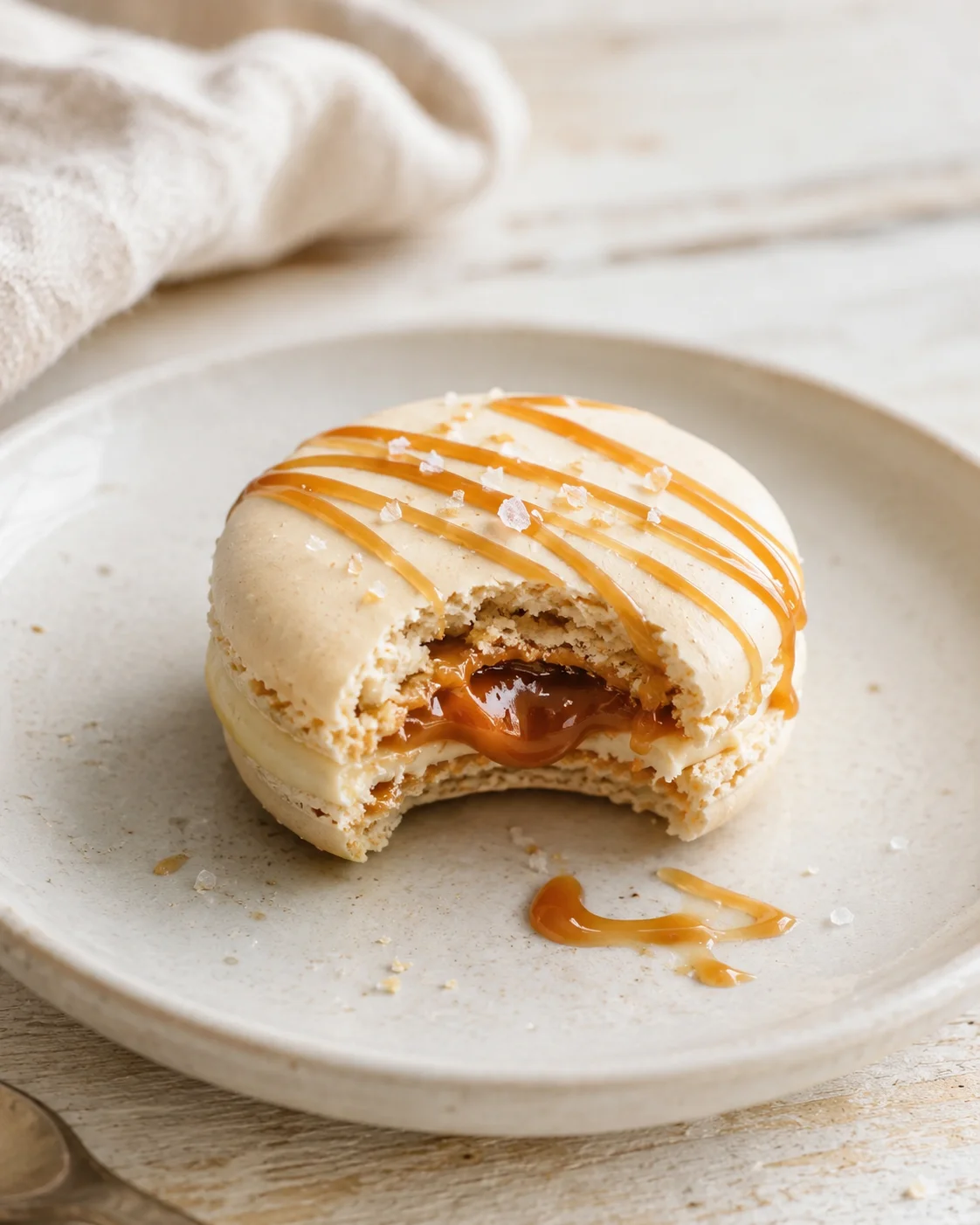 pale macaron with caramel drizzle and gooey caramel center on a light plate