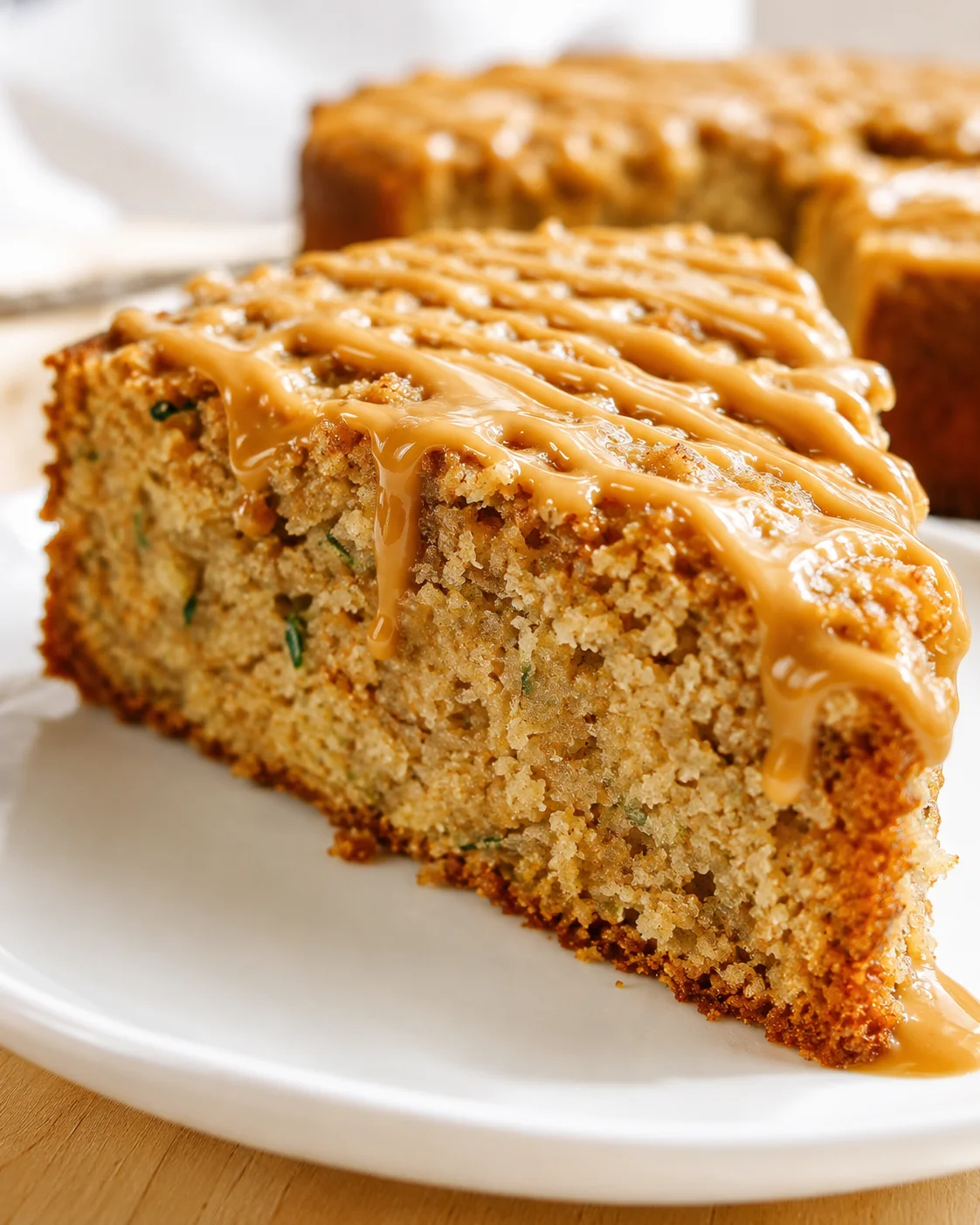 A thick slice of dense cake with caramel glaze drizzled over the top on a white plate.