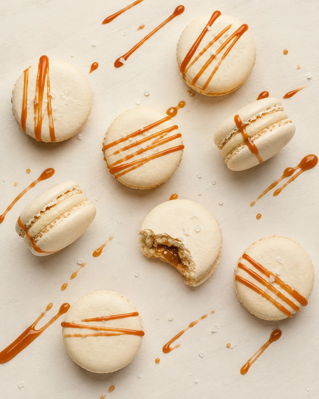 Creamy macarons with caramel drizzle arranged on a pale background