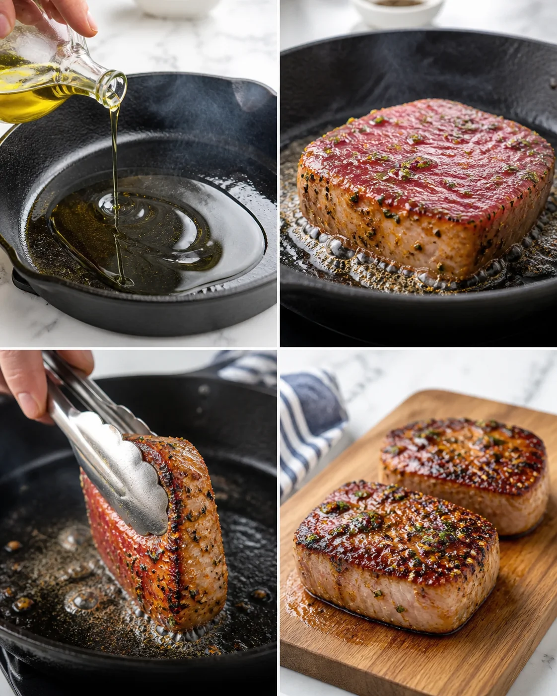 Collage showing olive oil in a cast-iron skillet, seared steak, and finished steaks.