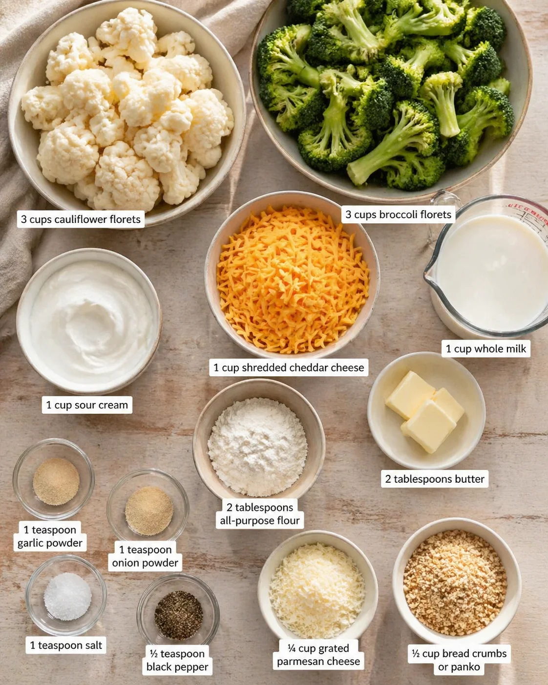 Measured ingredients arranged for Irresistible Cauliflower Broccoli Casserole: 3 cups bite-sized cauliflower florets, 3 cups bite-sized broccoli florets, 1 cup shredded cheddar cheese, 1 cup whole milk, 1 cup sour cream,