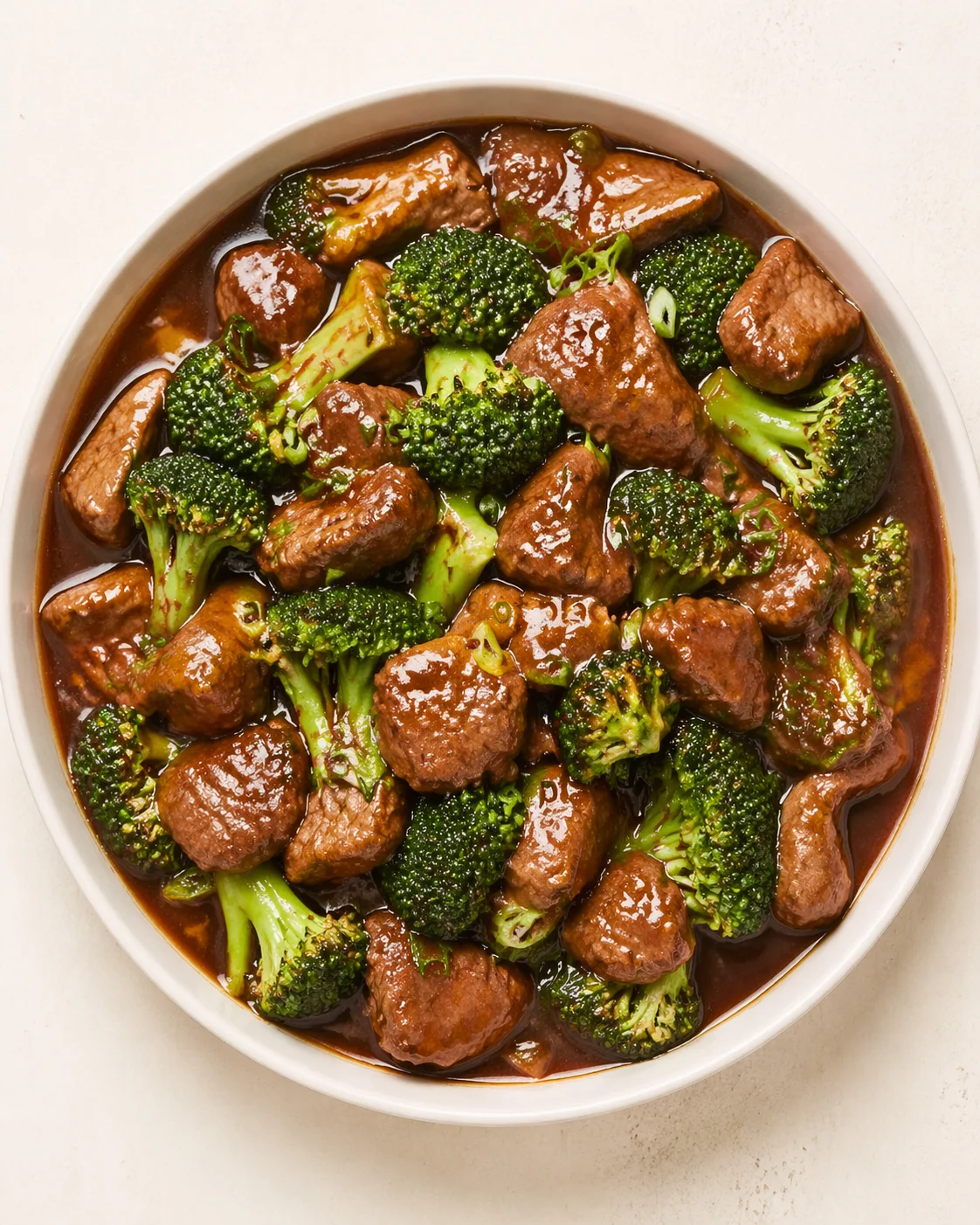 Straight-down overhead view of Beef and Broccoli with Stew Meat