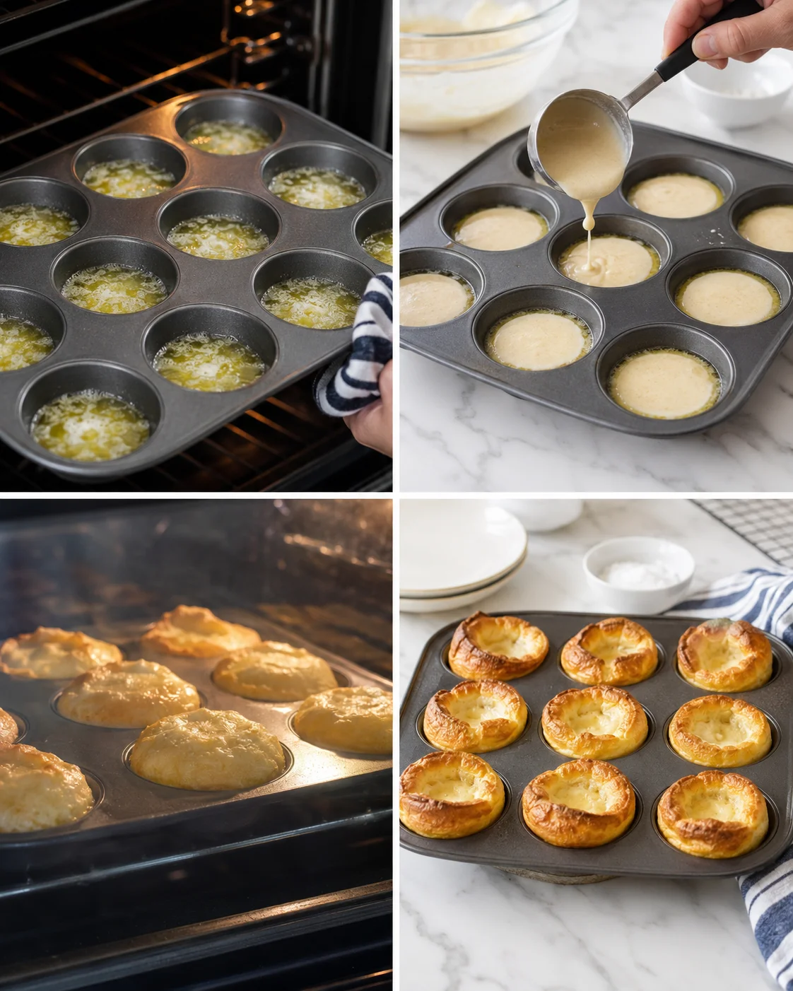 collage showing cheese puff batter being prepared, poured into muffin cups, and baked to golden rounds