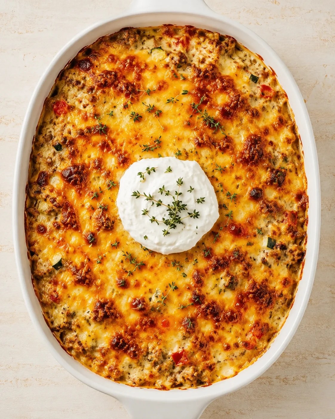 oval white baking dish filled with bubbling cheesy casserole, topped with sour cream and thyme