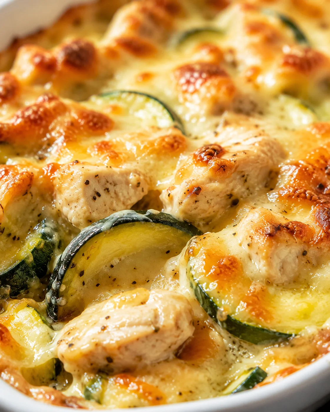 Close-up of a bubbling cheesy chicken and zucchini bake in a white baking dish