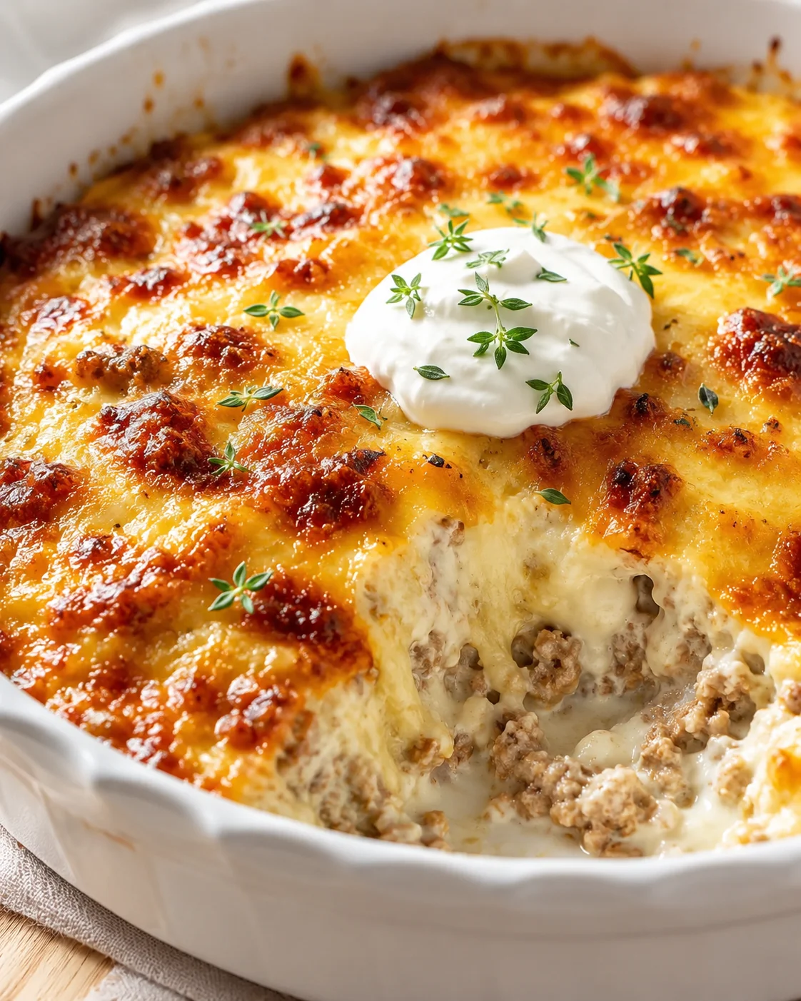Golden baked casserole with cheese crust, thyme garnish, and a creamy meat filling visible on the sliced edge.