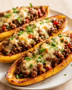 close-up of roasted peppers stuffed with beef, melted cheese, and herbs on a plate