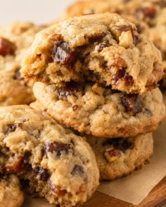 Close-up of stacked chewy cookies with chocolate chunks and chopped nuts on parchment.