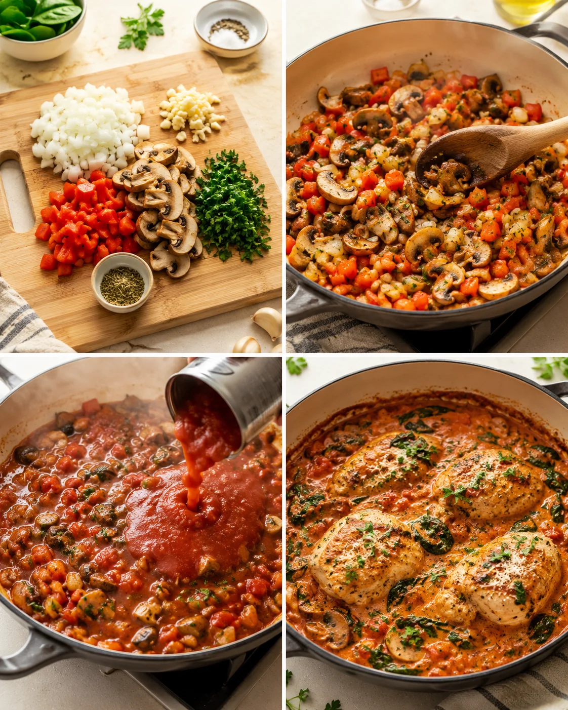 collage of chopped onions and vegetables on board, skillet with simmering sauce, and chicken.