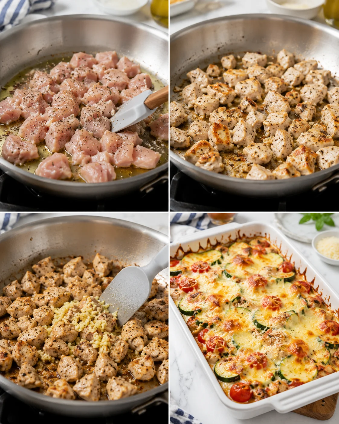 Four-panel collage showing chicken pieces raw, seared, sautéed with cheese, and baked.