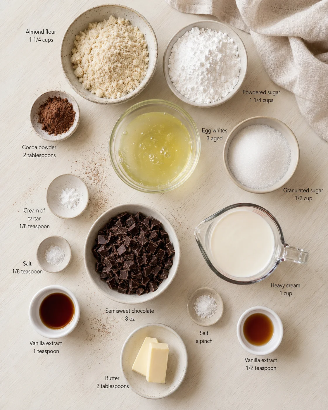 Overhead view of bowls containing almond flour, sugars, cocoa, egg whites, and chocolate.