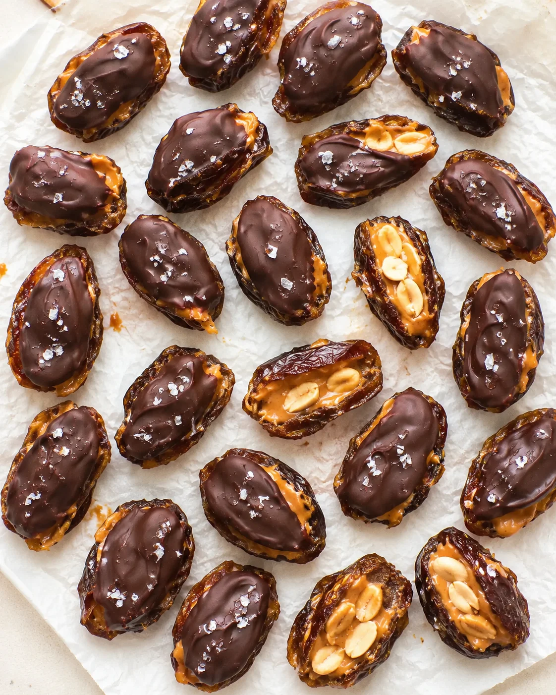 glossy chocolate-dipped date bites with peanut filling and sea salt on parchment