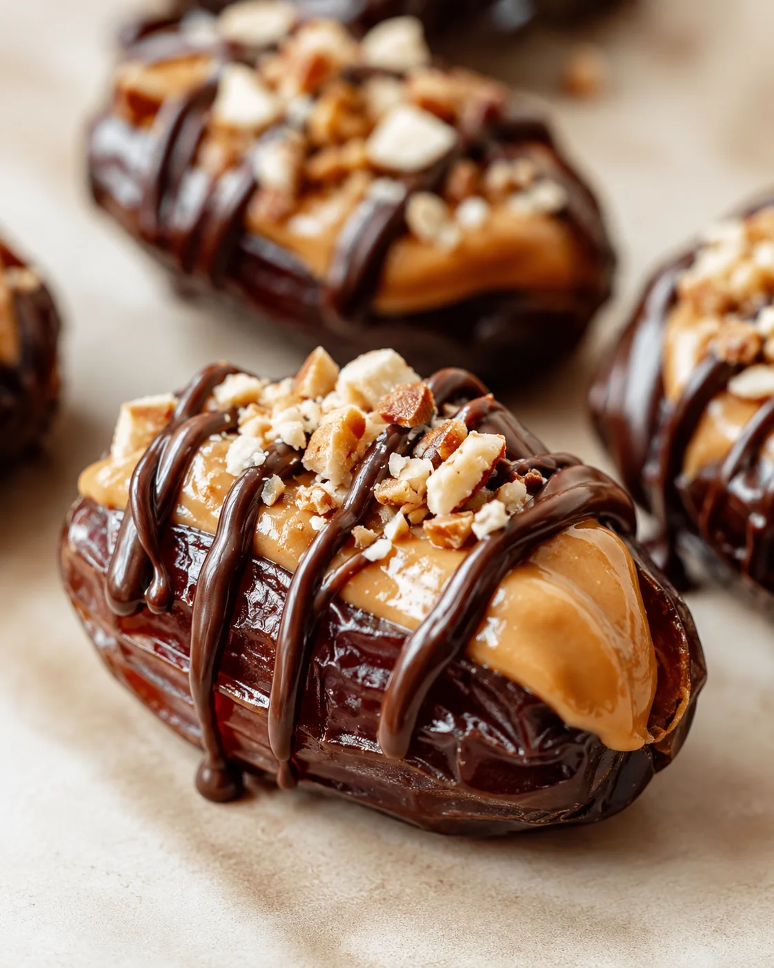 Close-up of chocolate-dipped pastries topped with chopped nuts and extra chocolate drizzle on a light background.
