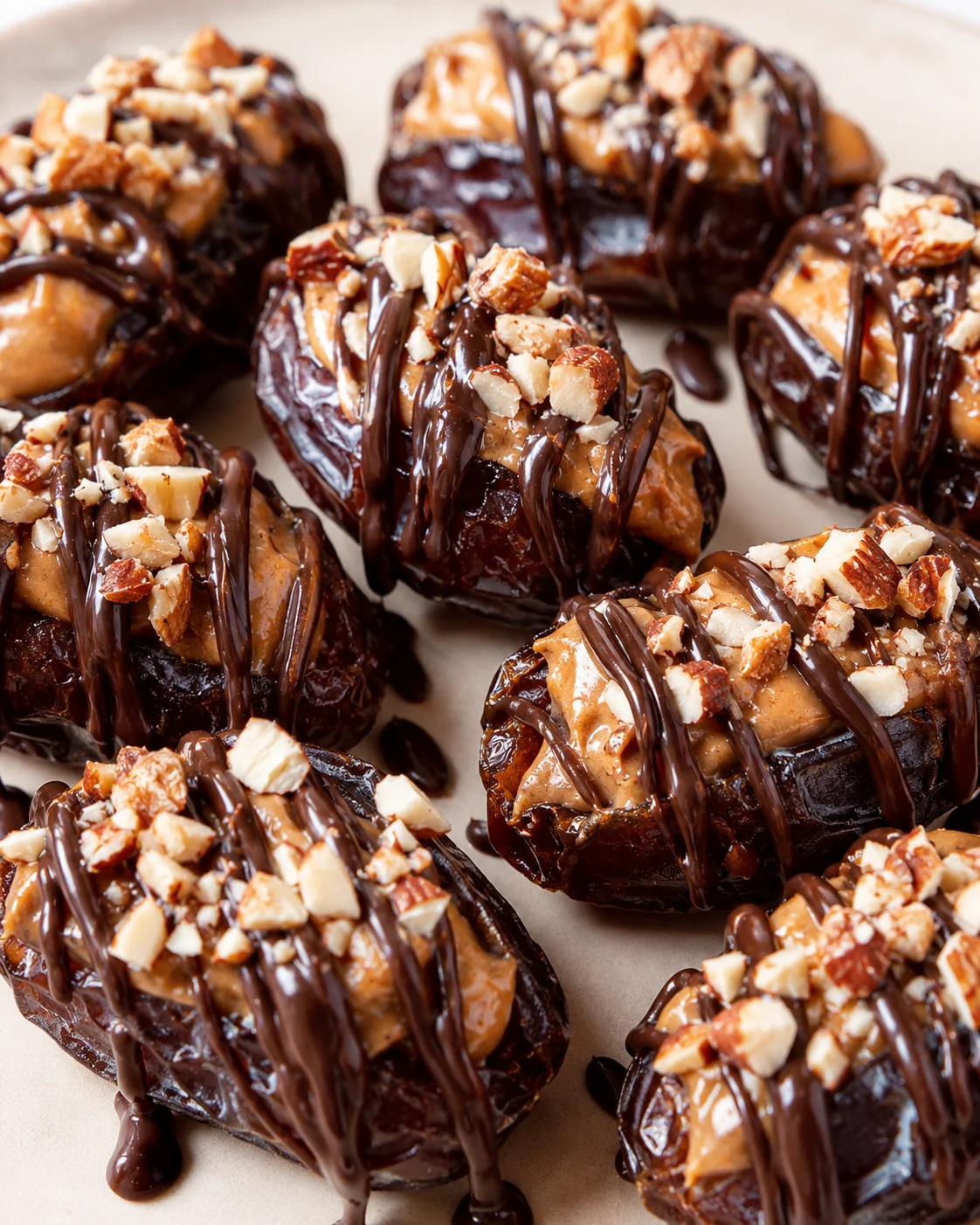 Close-up of bite-sized date bites drizzled with chocolate and topped with chopped almonds