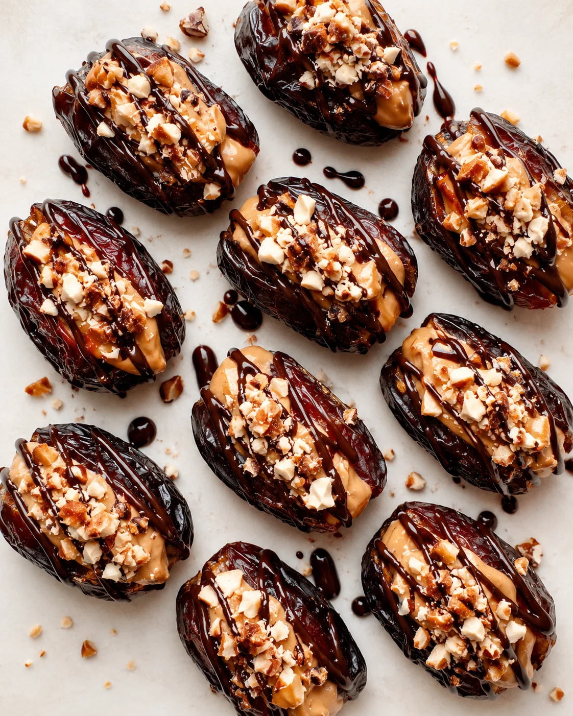 row of chocolate-drizzled stuffed dates topped with crushed nuts on a light marble surface