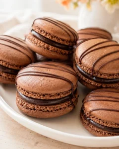 Several chocolate macarons with ganache filling arranged on a white plate.