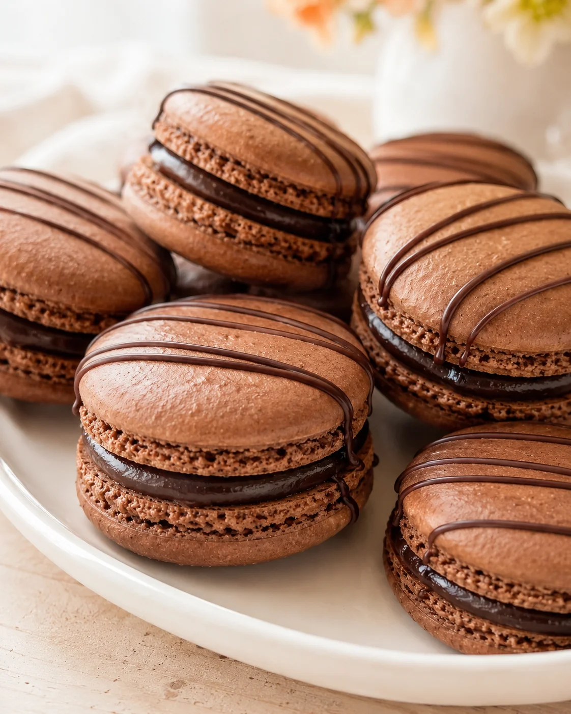 Several chocolate macarons with ganache filling arranged on a white plate.