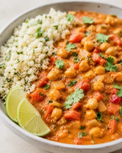 Plated bowl of chickpea curry with colorful vegetables beside fluffy couscous, lime wedges, and cilantro.