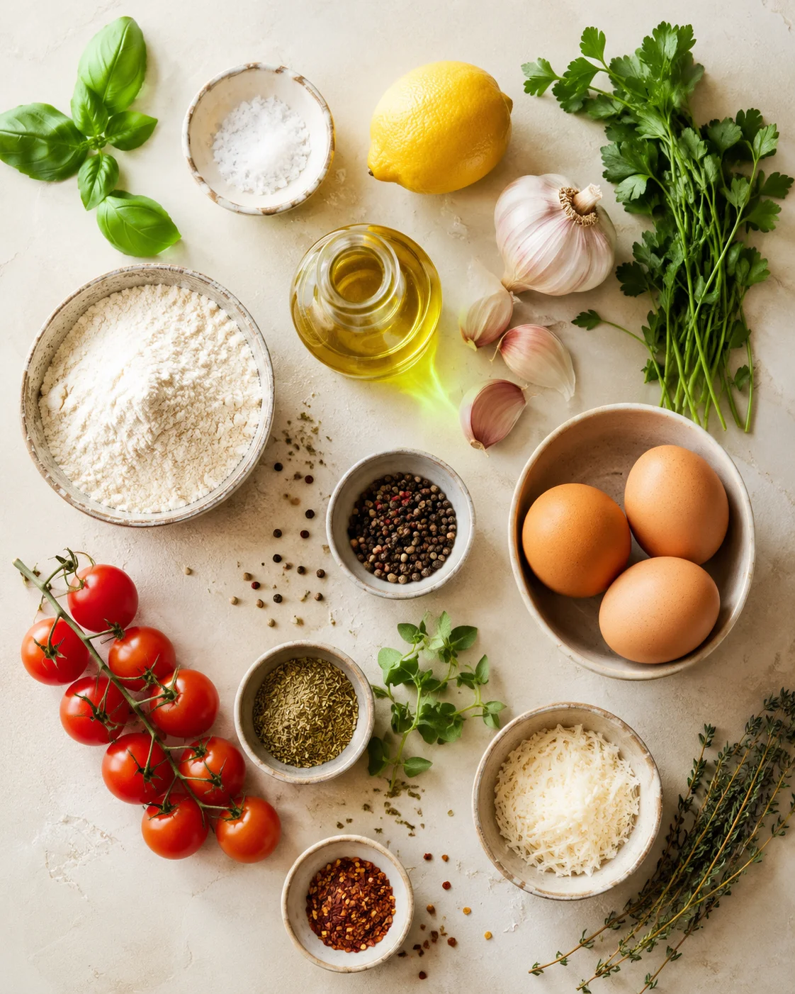 Overhead view of ingredients laid out on a light countertop: tomatoes, lemon, garlic, eggs, olive oil, herbs, flour, and cheese.
