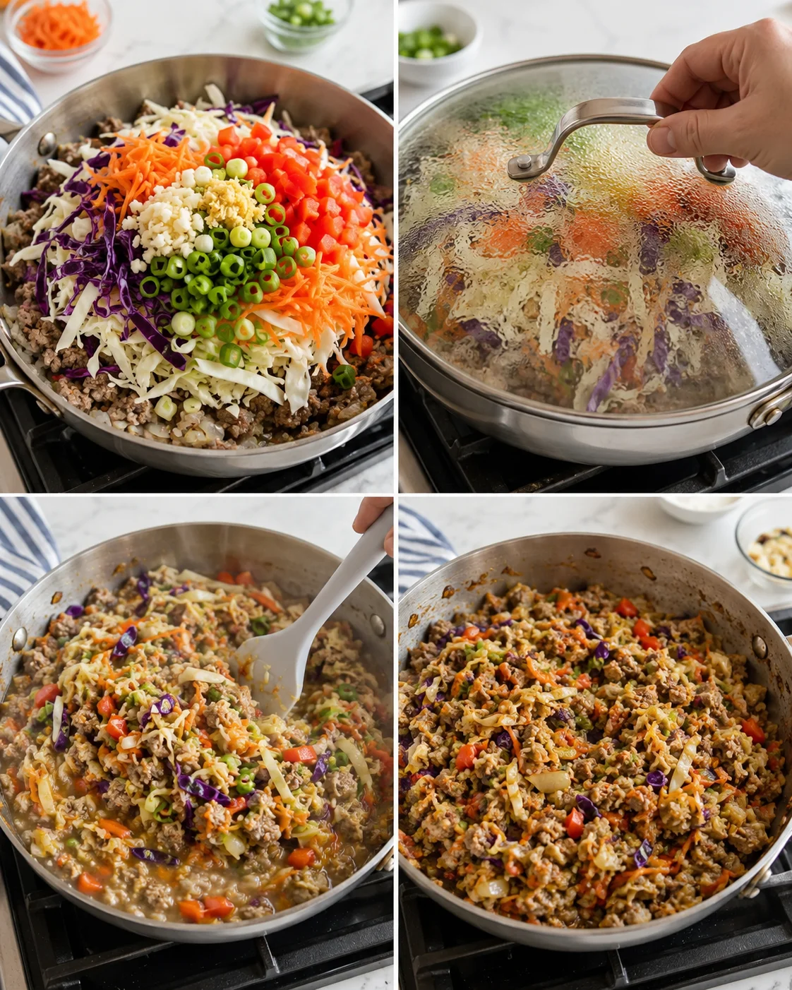 four-panel collage showing beef and vegetables being prepared on a stovetop with colorful veggies