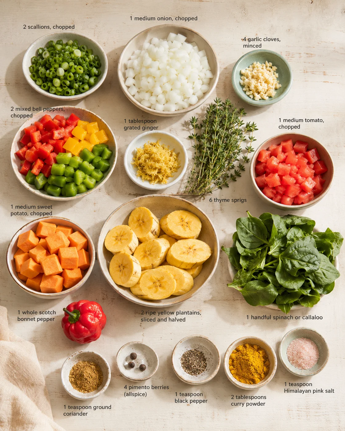 Top-down view of bowls with chopped onions, peppers, plantains, greens, and spices on a light wood surface.