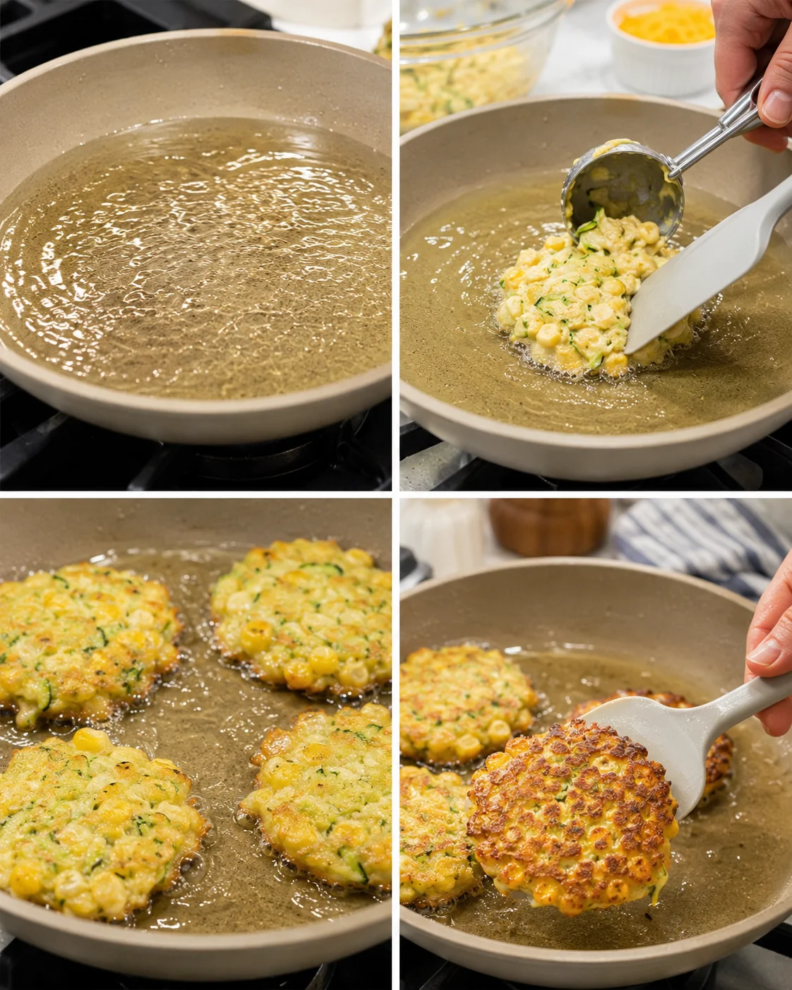 Collage of corn fritters frying in a skillet, showing batter clumps, forming patties, and a crisp golden crust.