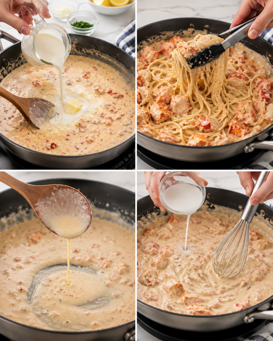 Collage of four kitchen steps showing creamy bacon pasta being made.