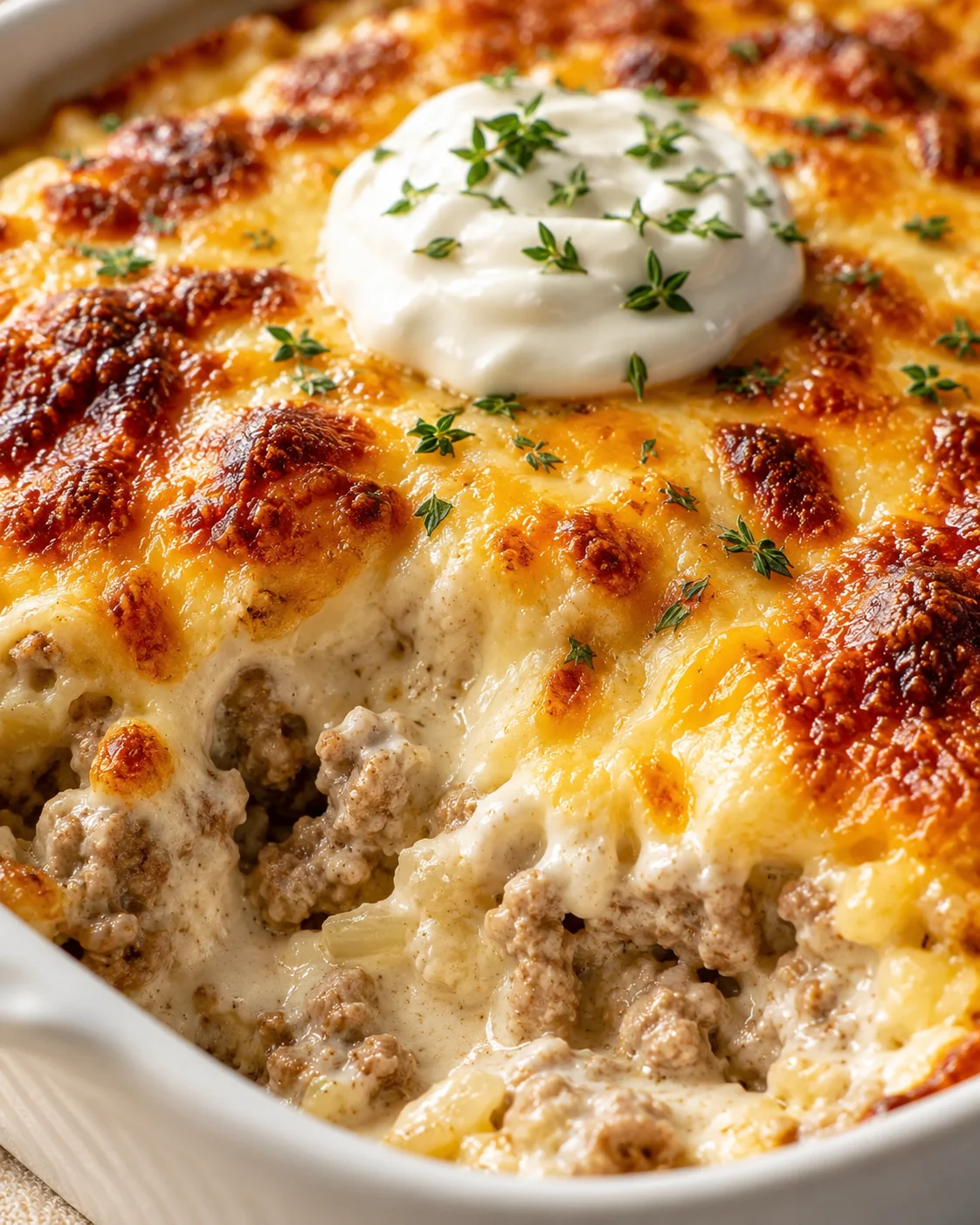 Close-up of a golden cheesy beef casserole with a dollop of sour cream and thyme garnish.