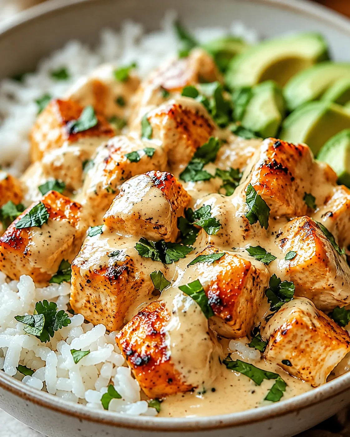 Close-up of roasted chicken cubes in creamy sauce served over white rice with avocado slices and cilantro.
