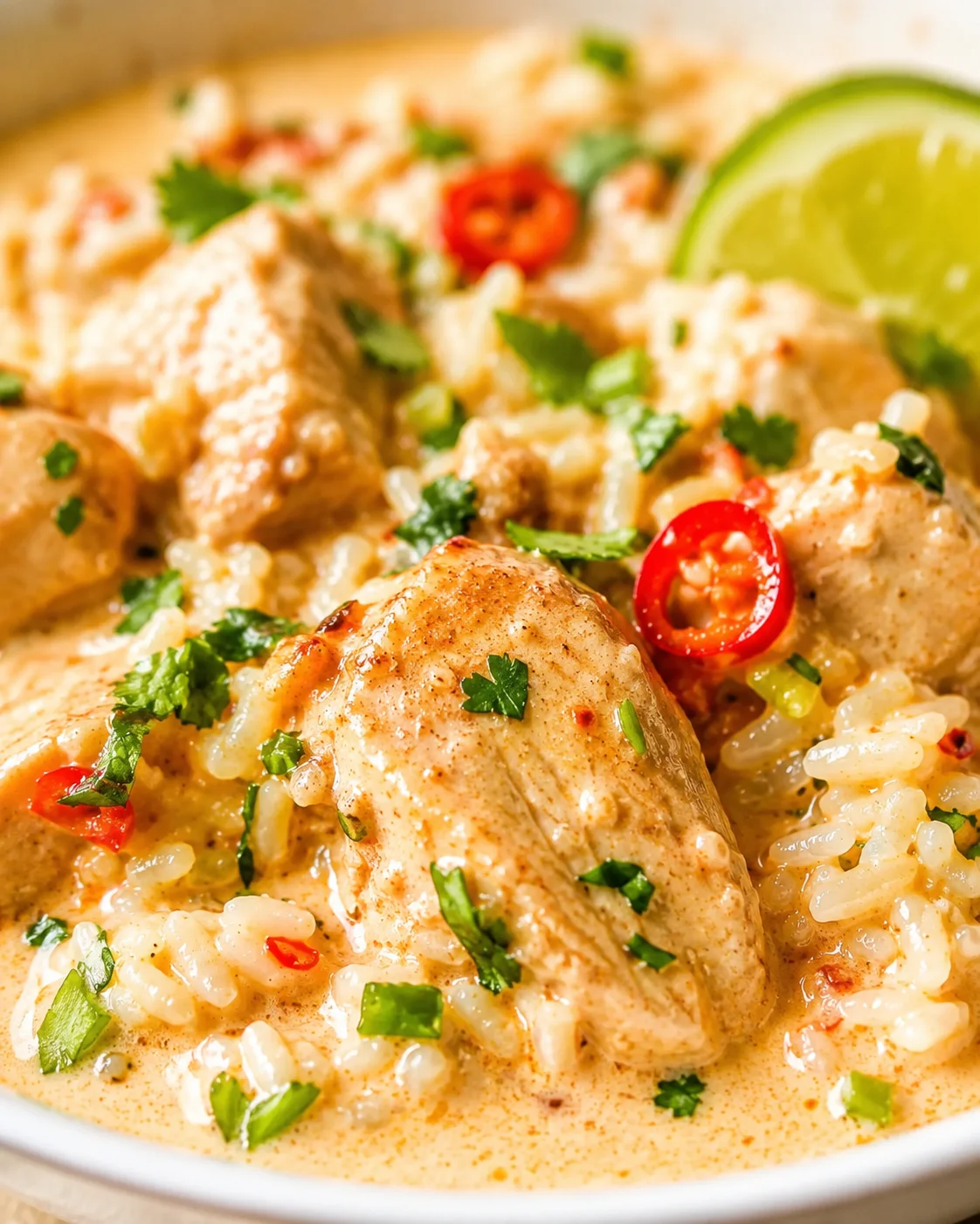 Close-up of creamy chicken and rice in a spiced sauce, garnished with cilantro, red chilies, and a lime wedge in a white bowl