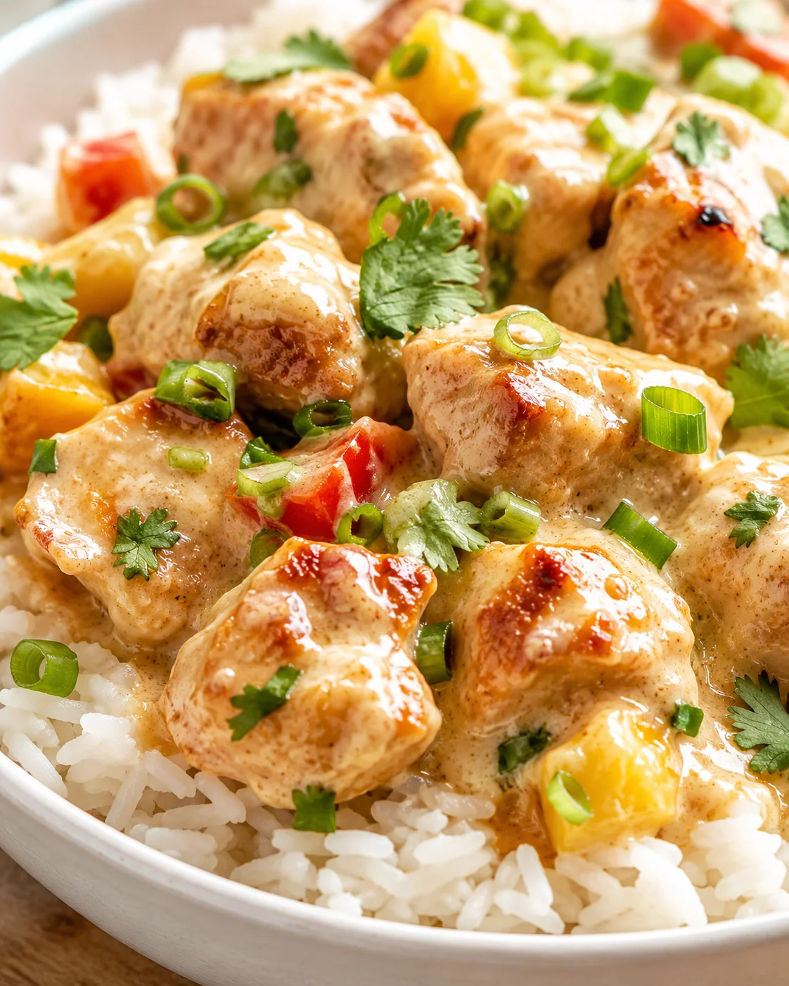 plump chicken pieces in creamy sauce over white rice, garnished with cilantro and green onions