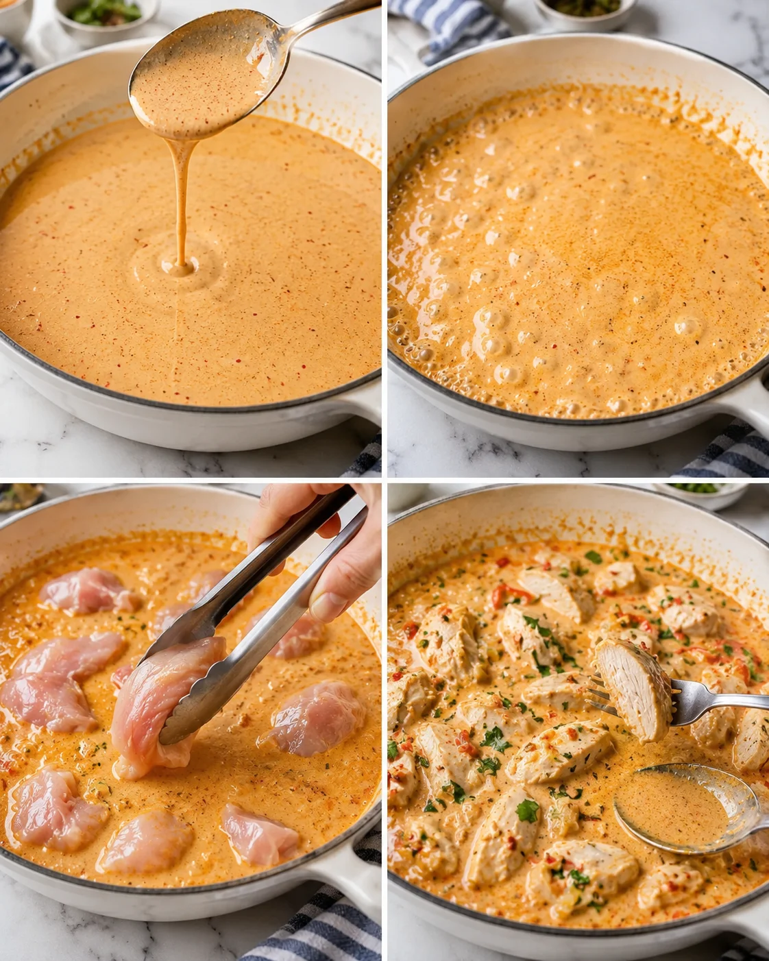 four-panel collage showing pouring creamy sauce, bubbling sauce, adding chicken, and cooked chicken in sauce.