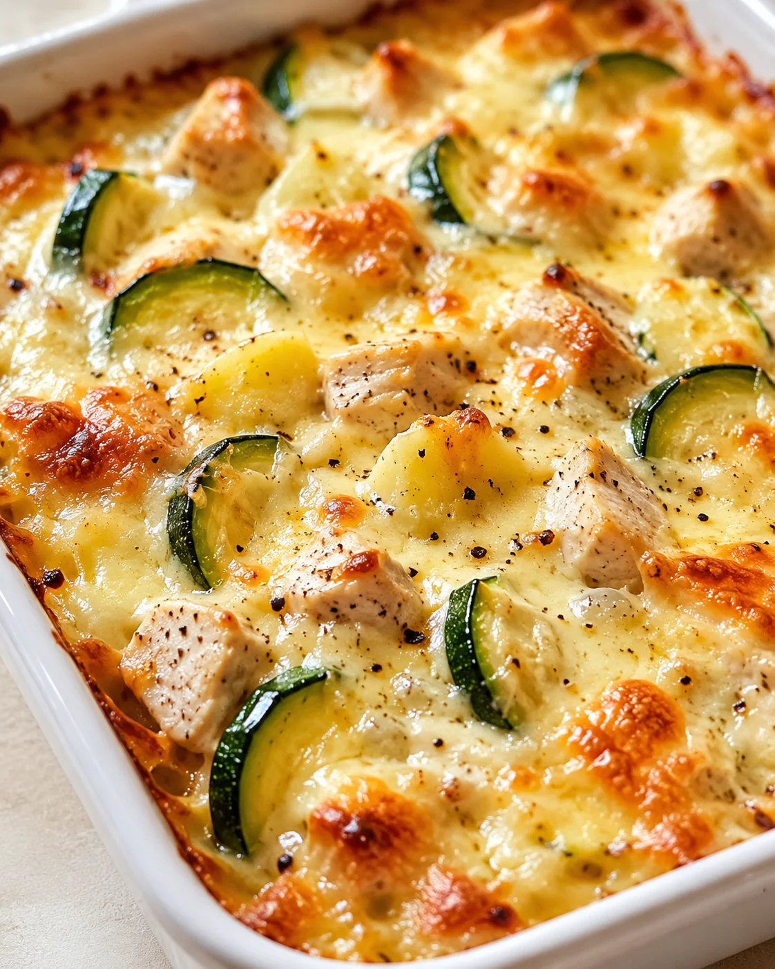 creamy-cheesy bake with chicken, zucchini, and potatoes in a white dish, golden-brown top