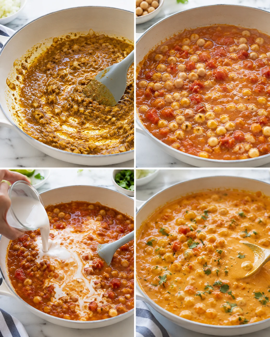 collage showing chickpea curry in progress: browning spices, tomatoes and chickpeas, pouring cream, finished creamy dish