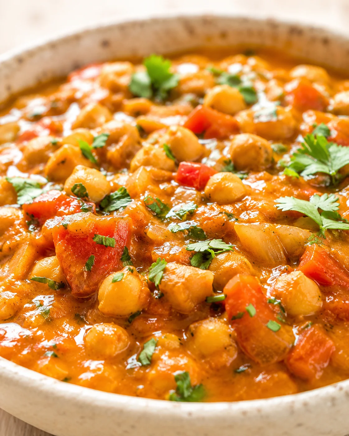 Close-up of creamy chickpea and potato curry with cilantro garnish in a rustic bowl.