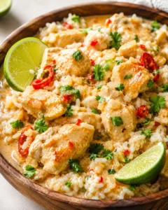 Creamy coconut chicken curry with rice, garnished with cilantro and lime wedges in a wooden bowl.