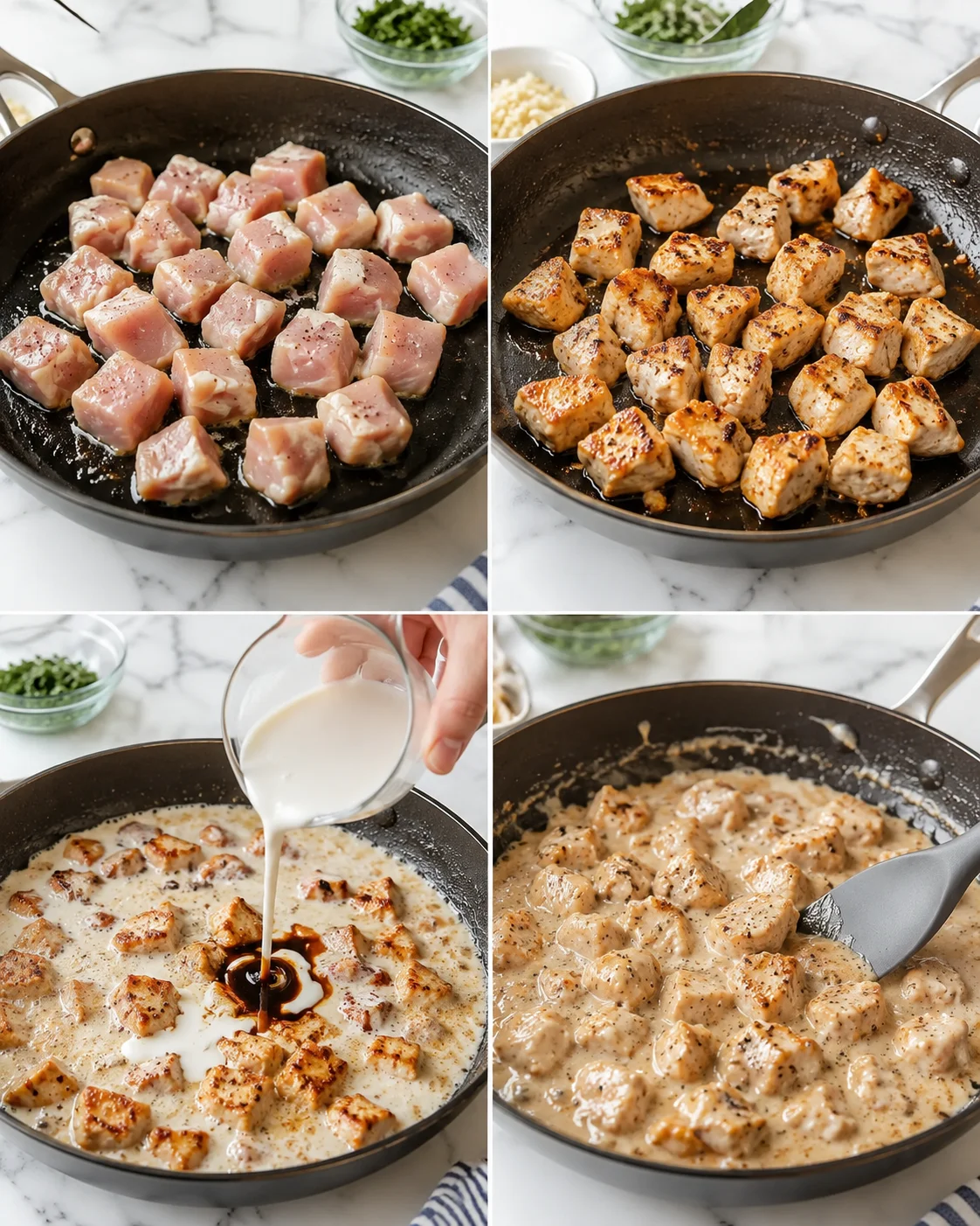 Collage of four skillet shots: raw chicken cubes, browned cubes, milk pouring, and creamy sauce.