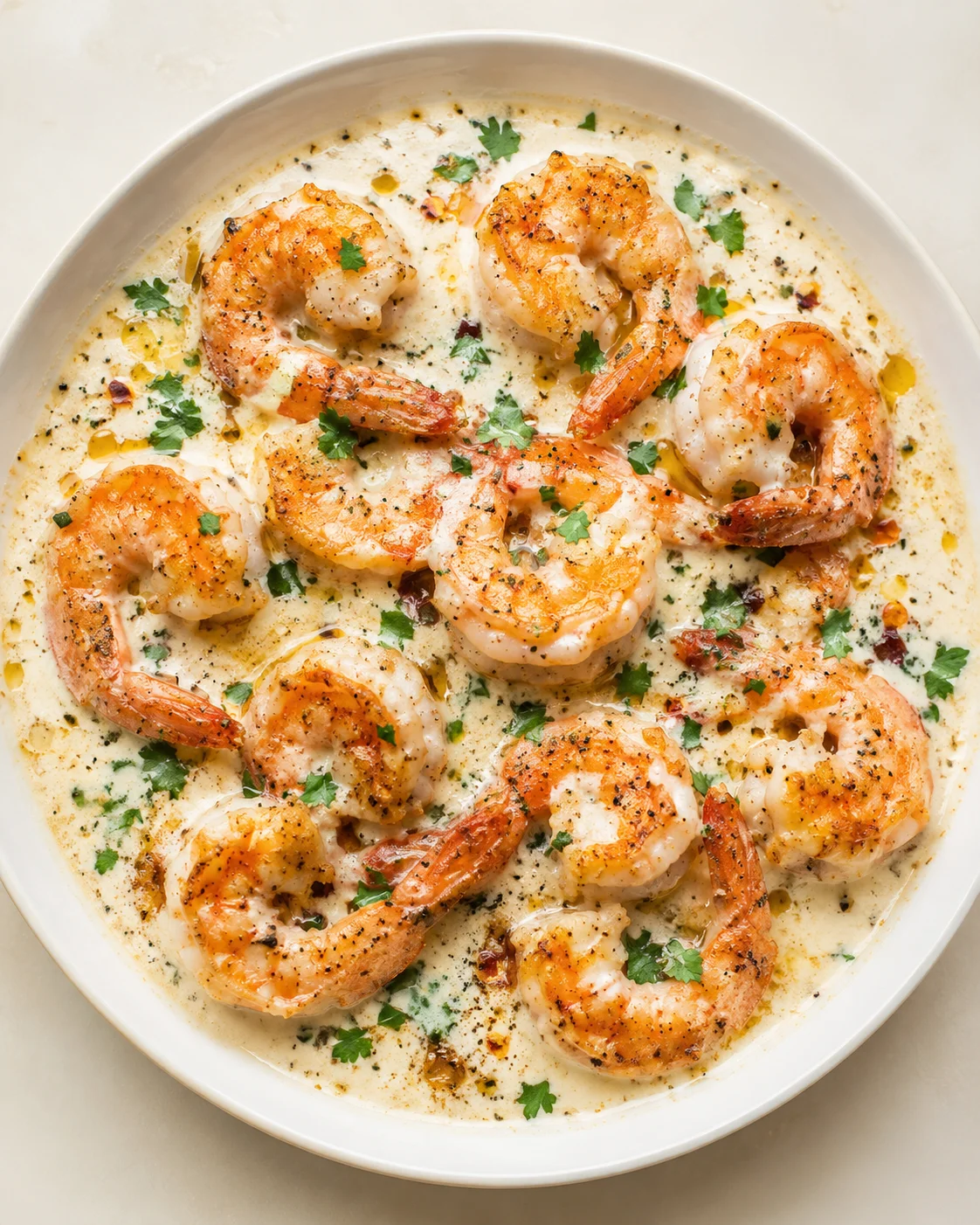 top-down view of shrimp in creamy garlic sauce, garnished with parsley on a white plate