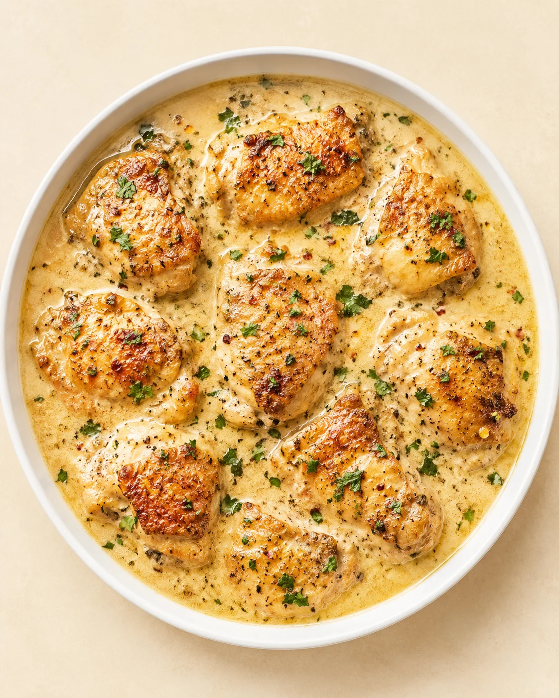 top-down view of pan-seared chicken in creamy herb sauce, garnished with parsley