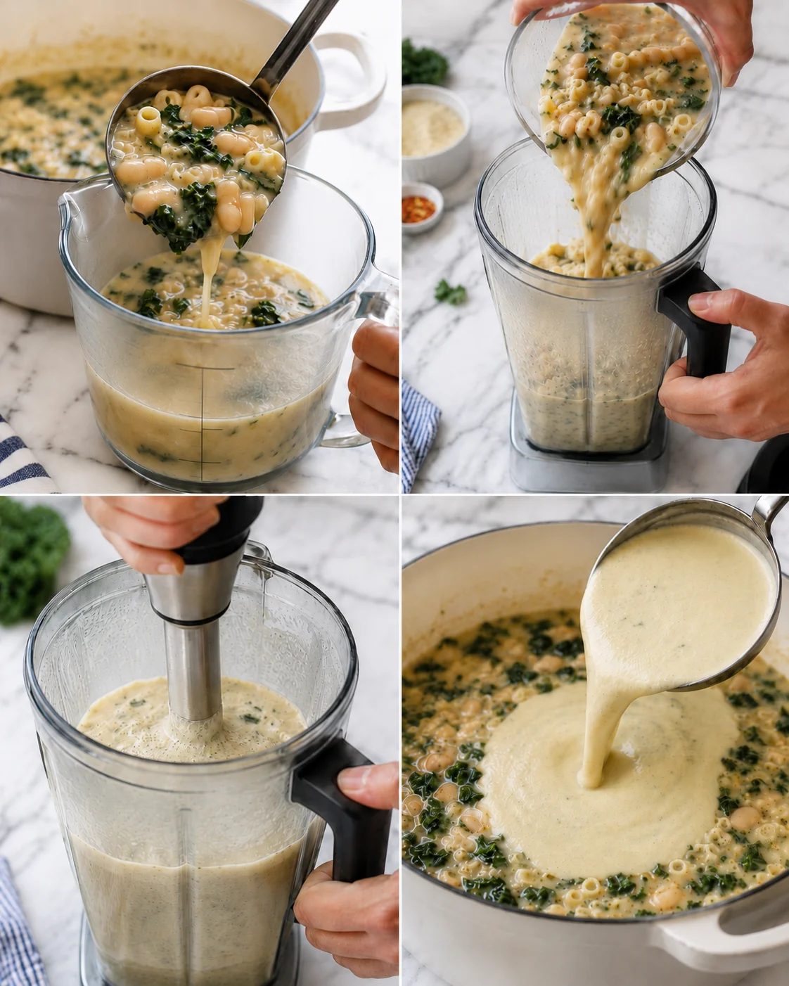 collage of four kitchen-action shots showing making creamy kale-white-bean-pasta-soup with a blender