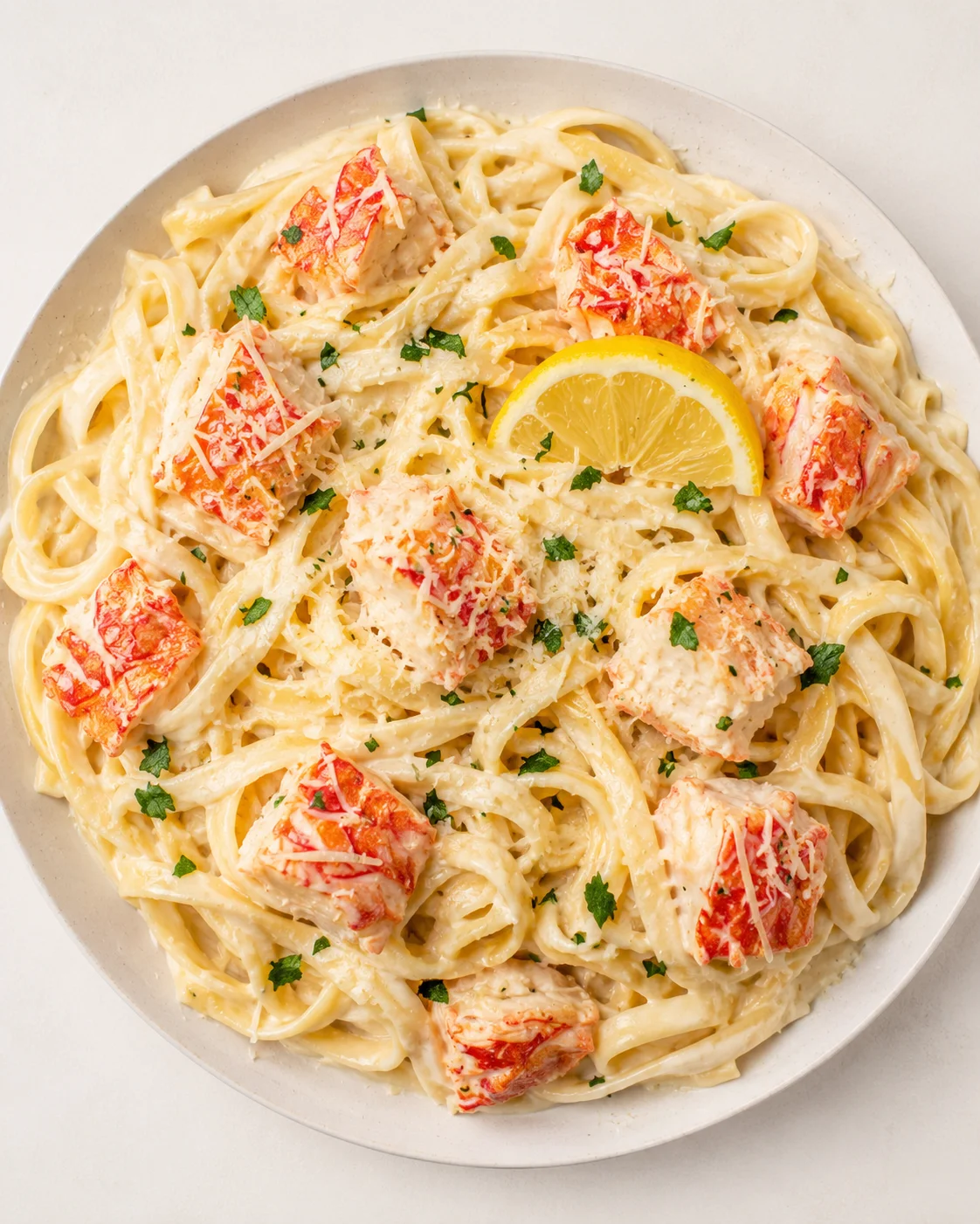 Top-down view of creamy lobster fettuccine on a white plate, garnished with parsley and a lemon wedge.