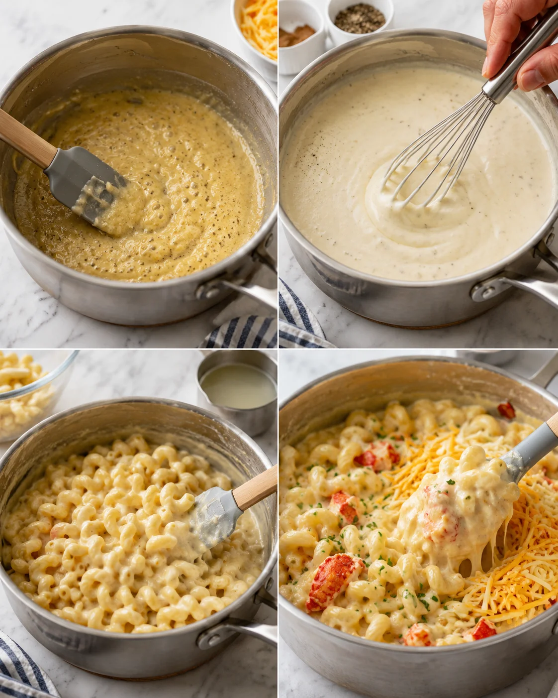 Four-panel collage showing steps to make creamy lobster macaroni and cheese.